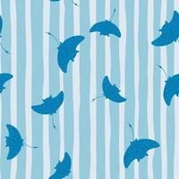 Exotic fish seamless pattern with blue colored stingray silhouettes. Striped background. Sketch style. vector