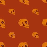 patrón minimalista sin costuras con elementos de formas de calavera naranja. fondo rojo vector