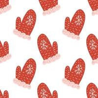 Isolated seamless doodle pattern with red colored mittens print. White background. vector