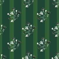 Nature seamless pattern with doodle bouquet of flowers print. Striped green background. vector