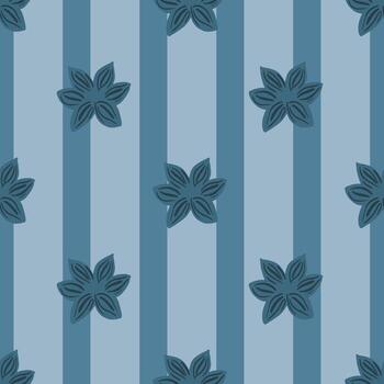 Seamless pattern sanise on blue striped background. Vector repeat template spice in doodle style. Hand drawn elements nature texture for fabric.