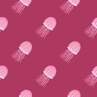 Pink and white colored sea jellyfishes seamless pattern. Dark pink background. Marine simple artwork. vector