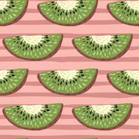 Abstract cartoon seamless pattern with simple green kiwi elements. Pink striped background. vector