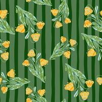 Doodle naturaleza patrón sin costuras con ramo de flores naranjas impresión aleatoria. fondo de rayas verdes. vector