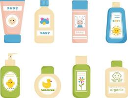 Set of tubes and botteles for baby skin care. Cosmetics for babies, kids. Cosmetics tubes with kids design. Shampoo, gel, oil, soap, cream. Vector illustration, isolated on white background