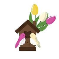 pájaros enamorados en una composición de pajarera con un ramo de coloridos tulipanes hola jardinería primaveral vector