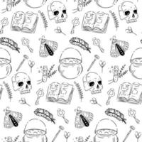 Skull, skeleton and bones seamless pattern hand drawn doodle style textile background. vector