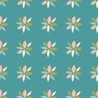 Seamless pattern with abstract flowers. Petals in pink, green, blue, white colors. Turquoise background. vector