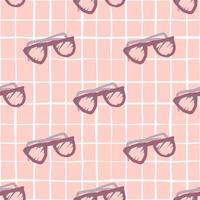 gafas de sol púrpuras adornan un patrón sin costuras. estampado de verano de garabatos con fondo a cuadros rosa suave. vector