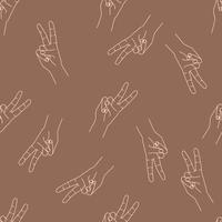 Victory hand symbol seamless pattern. Random silhouette linear contour on a brown background. Gesturing of peace and success. vector