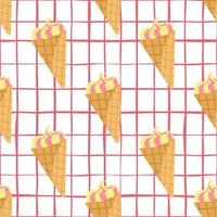 Seamless pattern with frozen ice cream. White chequered background and cream in yellow and pink colors. vector