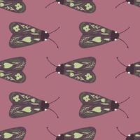 Seamless pattern with moth simple ornament. Butterfly shapes with folk details on dark pink background. vector