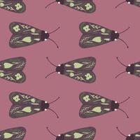 Seamless pattern with moth simple ornament. Butterfly shapes with folk details on dark pink background. vector