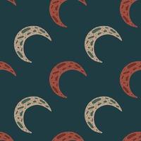 Kids seamless pattern with hand drawn space moon ornament in beige and red colors. Navy blue background. vector