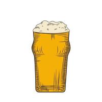 Full beer glass Pilsner with foam. Engraving style. Hand drawn vector