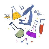 Composition chemical laboratory equipment on white background. Abstract medical atom, microscope, glass, flask, test tube with reagents in doodle style. vector