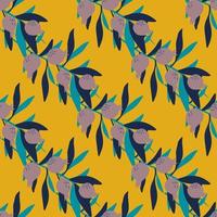 Seamless pattern with leaves and berries on yellow background. Floral wallpaper. Botanical print. vector