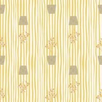 Houseplant silhouettes seamless stylized pattern. Yellow stripped background with grey pots and beige plants. vector