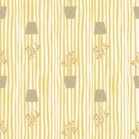 Houseplant silhouettes seamless stylized pattern. Yellow stripped background with grey pots and beige plants. vector