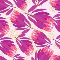 Random purple and pink protea flowers hand drawn seamless pattern. Isolated print with splashes. vector