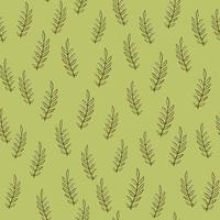 Botanic seamless random pattern with outline brown little branches ornament. Green olive pastel background. vector