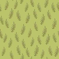 Botanic seamless random pattern with outline brown little branches ornament. Green olive pastel background. vector