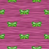 Fauna abstract seamless pattern with green bright folk butterfly shapes. Pink striped background. vector