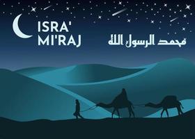 Al-Isra wal Mi'raj The night journey of the Prophet Muhammad. Design an Islamic background with silhouetted illustrations of tourists with their camels in the desert and moon stars shining in the sky. vector