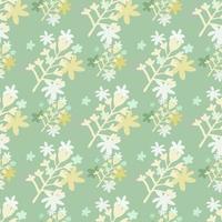 Spring seamless doodle pattern with flowers bouquet silhouettes in light tones. Pastel green background. vector