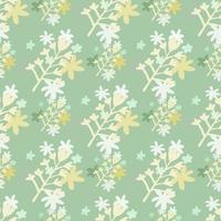 Spring seamless doodle pattern with flowers bouquet silhouettes in light tones. Pastel green background. vector