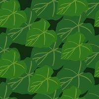 Simple green leaves seamless pattern on black background. Foliage wallpaper in flat style. vector