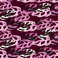 Lilac monstera ornament seamless doodle pattern. Hand drawn foliage elements on dark maroon background. vector