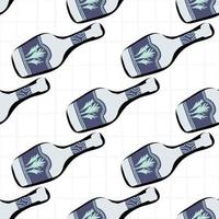 Funny glass bottle seamless pattern on stripes background. Alcohol rum bottles. vector