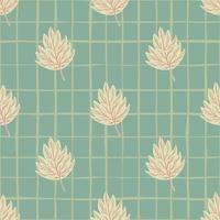 Decorative seamless hand drawn pattern with light autumn contoured leaves. Turquoise background with check. vector