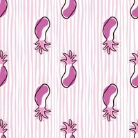 Purple contoured abstract pineapples fruit seamless pattern. Light striped background. Simple style. vector