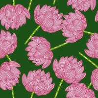 Seamless pattern with abstract doodle pink contoured lotus flower ornament. Green background. Random print. vector