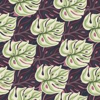 Organic seamless pattern with purple and green colored monstera leaves shapes. Tropical palm foliage print. vector