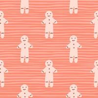 Seamless winter pattern with gingerbread man cookie ornament. Pink palette. Stripped background. New year print. vector