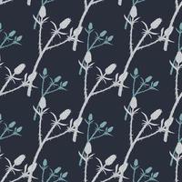 Torn branches simple silhouettes seamless botanic pattern. Light blue twigs ornament on navy colored dark background. vector