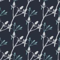 Torn branches simple silhouettes seamless botanic pattern. Light blue twigs ornament on navy colored dark background. vector