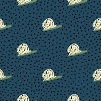 Hand drawn seamless pattern with snail silhouettes. Light yellow and green colored detailed animals on navy blue dotted background.