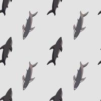 Scrapbook marine seamless pattern with simple style shark silhouettes. Grey background. Modern zoo print. vector