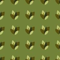 Brown and green leaves in seamless pattern with olive background. vector