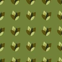 Brown and green leaves in seamless pattern with olive background. vector