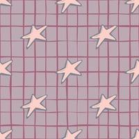 patrón de garabato sin costuras con adorno de estrella de galleta de año nuevo. elementos sabrosos en colores pastel rosa sobre fondo a cuadros púrpura. vector