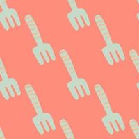 Light garden tool ornament seamless pattern. Pink background with simple rake silhouettes. vector