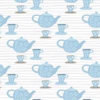 Seamless doodle pattern with hand drawn tea ceremony elements. Dish elements in soft blue tones on white stripped background. vector