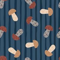 Decorative seamless pattern with brown mushroom ornament. Navy blue striped background. vector