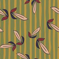 Abstract nature seamless doodle patern with random leaf shapes. Green and ocher striped background. vector