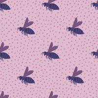 Purple simple bees silhouettes seamless pattern. Light lilac background with dots. vector